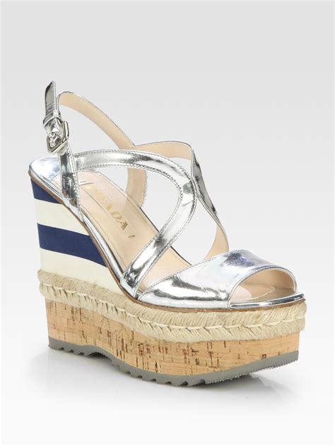 prada metallic leather espadrille wedge sandals|prada chunky heel sandal.